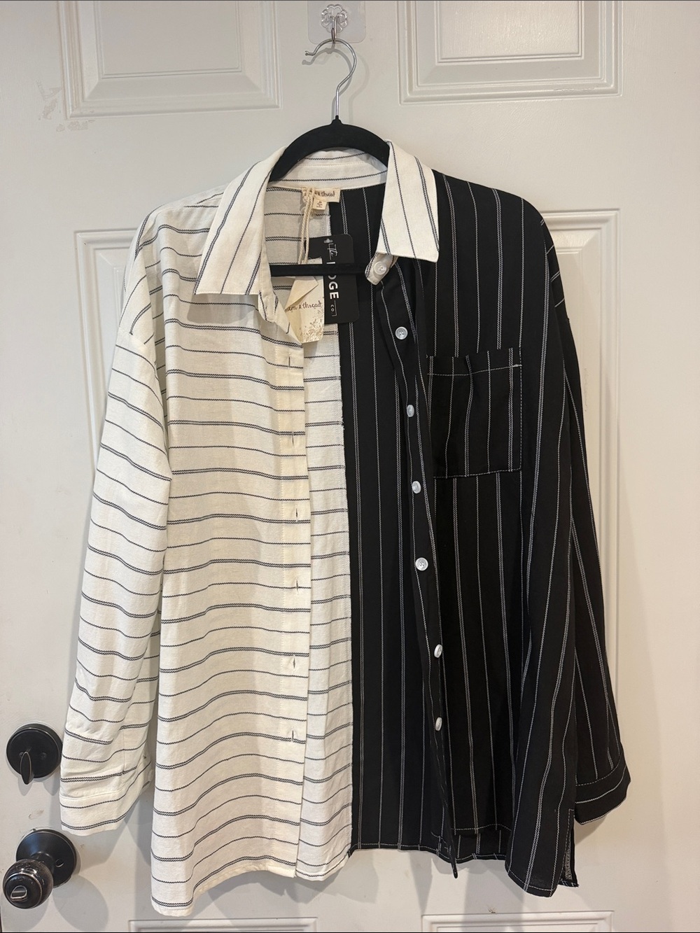 Hem & Thread Black and White Split-Stripe Button-Down Shirt